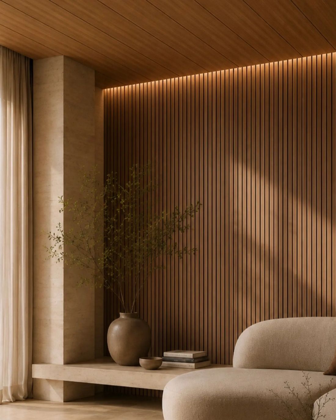 Muro de lambrín vertical con luz rasante, render conceptual HAKÛ