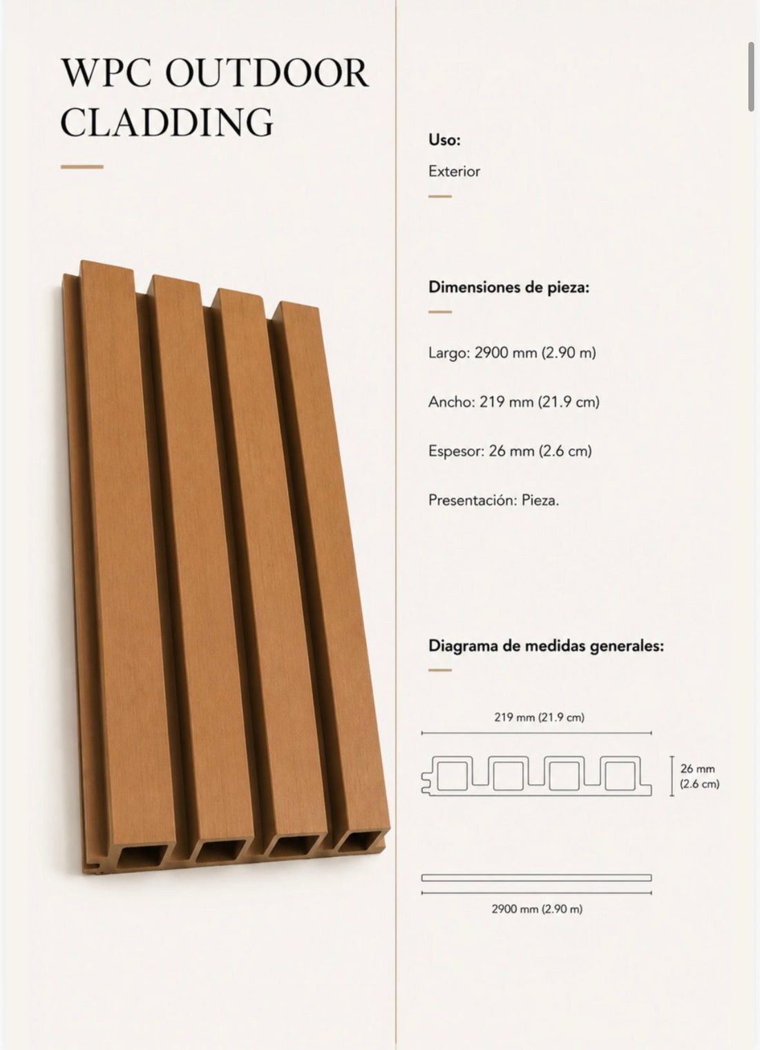WPC outdoor cladding · 2900 × 219 × 26 mm  render conceptual HAKÛ