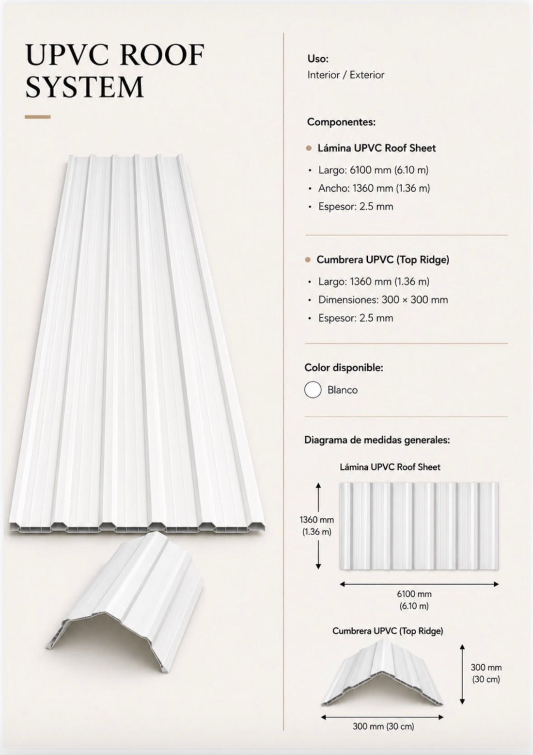 UPVC roof system · lámina 1950 × 980 × 2 5 mm  render conceptual HAKÛ