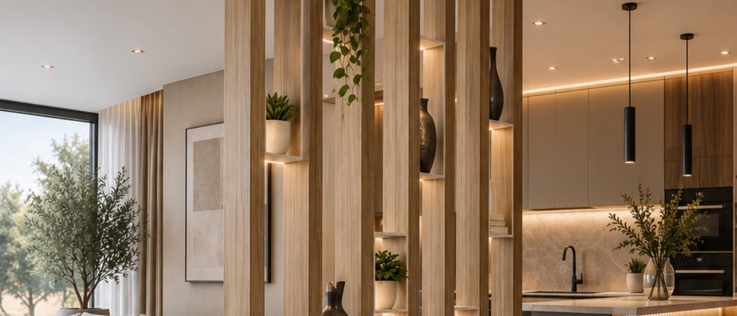 Vigas de madera dividiendo una sala, lámina del catálogo HAKÛ 2026